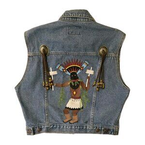 Vtg JORDACHE Denim Vest Jacket Embellished Western KACHINA  Handpainted BOHO - L
